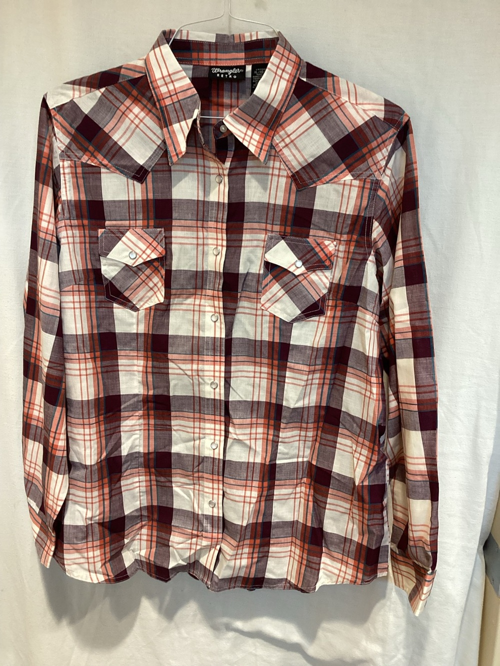 Wrangler Men’s Burgundy and Cream Plaid Button-Down Shirt